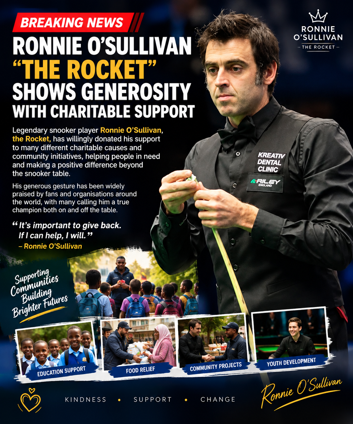 BREAKING NEWS: legendary professional player Ronnie O’Sullivan ” the Rocket” has willingly donated support to many different…see more.